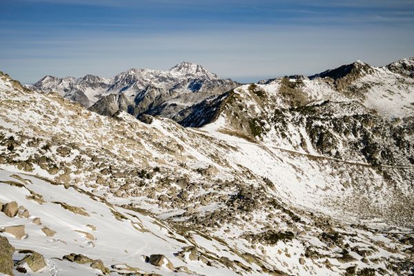 Peaks sprinkled with snow. Pyrenees. France.
