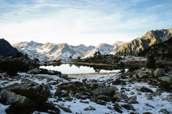Snowy summits of the Pyrenees. Pyrenees mountain range.  France.